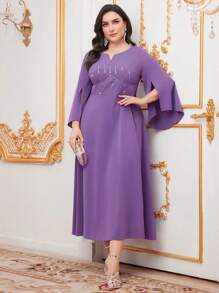 Modelyn Plus Size Notched-Neck Flare Sleeve Dress - Purple - View 7