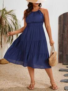 Breezaya Vestido De Talla Grande Con Cintura De Imperio, Cuello Halter Y Color Sólido - Azul Marino - Ver 4