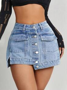 SHEIN PETITE Women's Denim Skort With Front Button - Blue - View 3