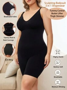 加大码纯色塑身连体衣细肩带 - 黑色 - 查看 1