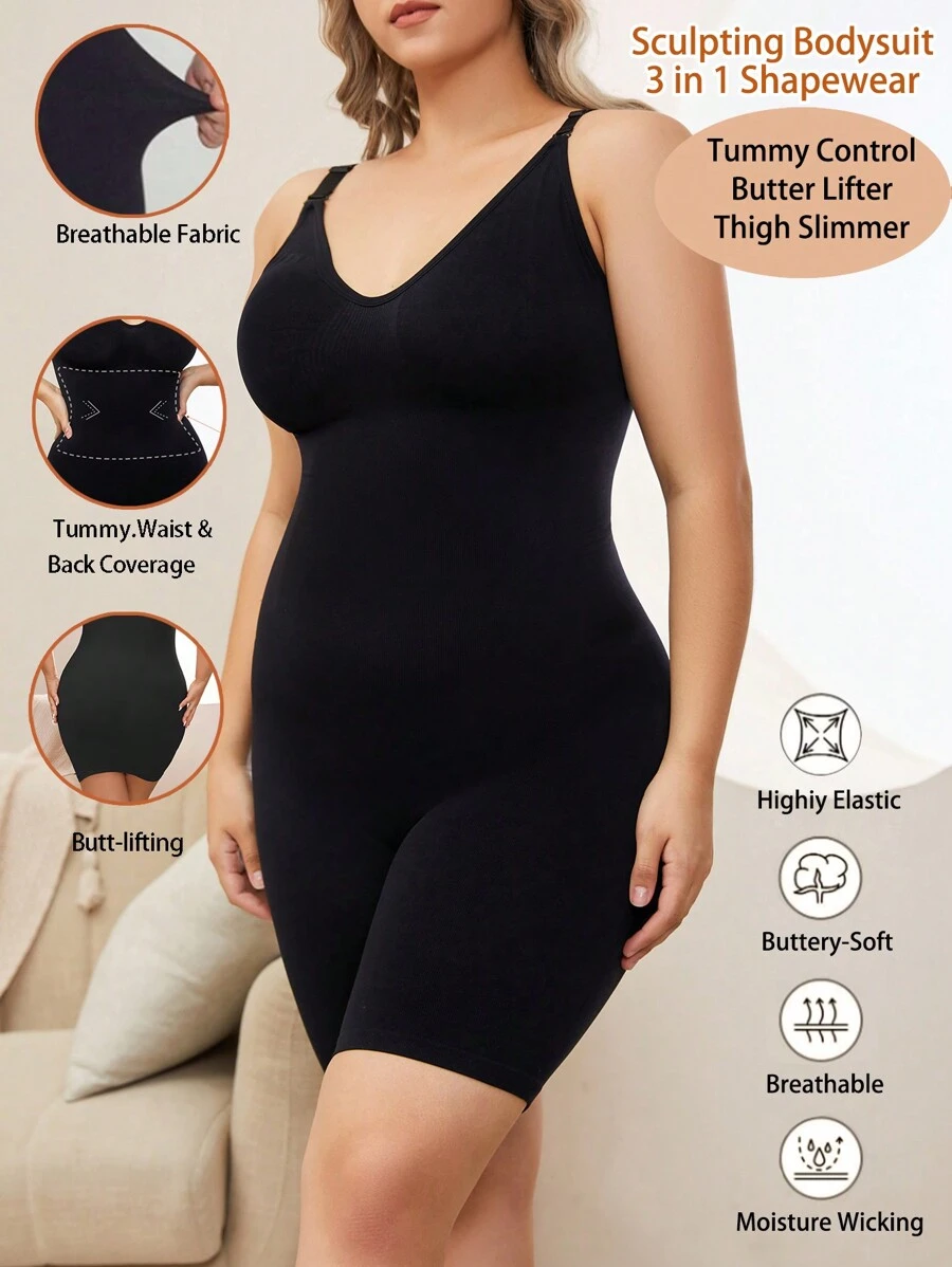 加大码纯色塑身连体衣细肩带 - 黑色 - 查看 1