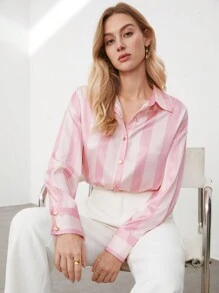 BizChic Women's Vertical Striped Long Sleeve Button-Up Shirt, Urban Commute Office Business Casual Elegant Formal Blouse - Multicolor - View 6