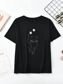 1件女士貓印花t恤 - 黑色 - 查看 3