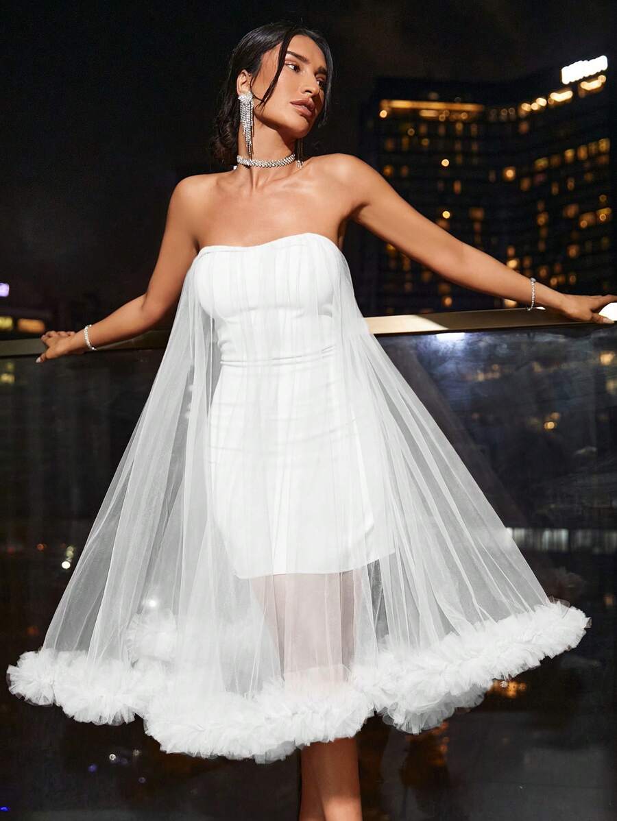 RueChic Của phụ nữ Lớp phủ lưới Quây Đầm - trắng - Xem 1