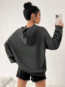 SHEIN EZwear 女士連帽衫,印有標語字樣 - 深灰色 - 查看 2