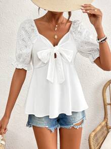 Chiquease Knot Front Eyelet Embroidery Puff Short Sleeve Blouse - White - View 3