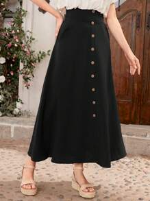 Mulvari Falda Con Botones Delanteros De Color Liso Para Mujer - Negro - Ver 5