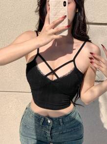 DAZY Lace Trim Cropped Camisole Top For Summer Going Out Tops