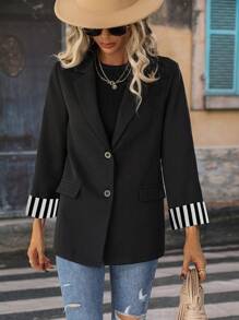 EMERY ROSE Ladies' Striped & Printed Splicing Single-Breasted Blazer Fall Cloth For Women - Black - View 4