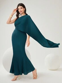 Modelyn 女士纯色鱼尾不对称领口连衣裙，优雅晚会礼服长款晚礼服 - 水鴨藍 - 查看 8