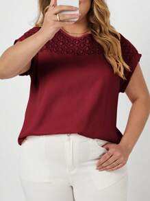 SHEIN Clasi Plus Size Lace Panel Crew Neck Blouse