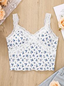 SHEIN Teen Girl Knitted Spliced Lace Trim Floral Pattern Casual Camisole Tank Top Top
