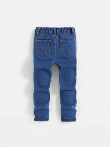 SHEIN 小男孩卡通標語印花牛仔褲 - 深色水洗藍 - 查看 2