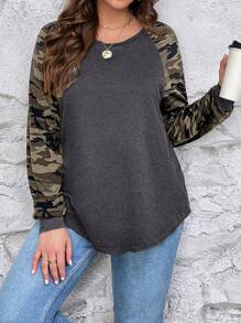 SHEIN LUNE Plus Size Women's Christmas Black & Red Plaid Patchwork Crew Neck Long Sleeve Casual T-Shirt, Autumn/Winter Women T Shirt - Dark Grey - View 5