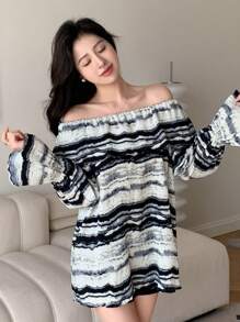 DAZY 荷叶边条纹喇叭袖衬衫，秋装长袖上衣