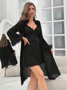 Women's Pajama Set With Pleated Sleepwear Robe And Spaghetti Strap Nightgown - Black - View 6