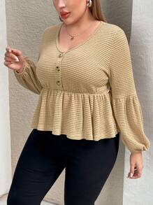 SHEIN Essnce Plus Size Women's Fashionable Casual Versatile Spring And Summer Women's New Textured Waffle Fabric Button Decoration Babydoll Long-Sleeved T-Shirt - Camel - View 5