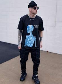 ROMWE MEN Street Life Men Slogan & Skeleton Print Drop Shoulder Tee For Halloween, School - Black - View 2