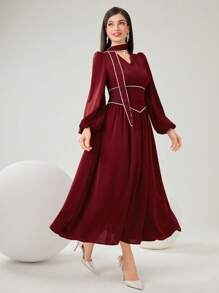 Modelyn Women'S Lantern Sleeve Pearl Beaded Sheath Dress - Red - View 3