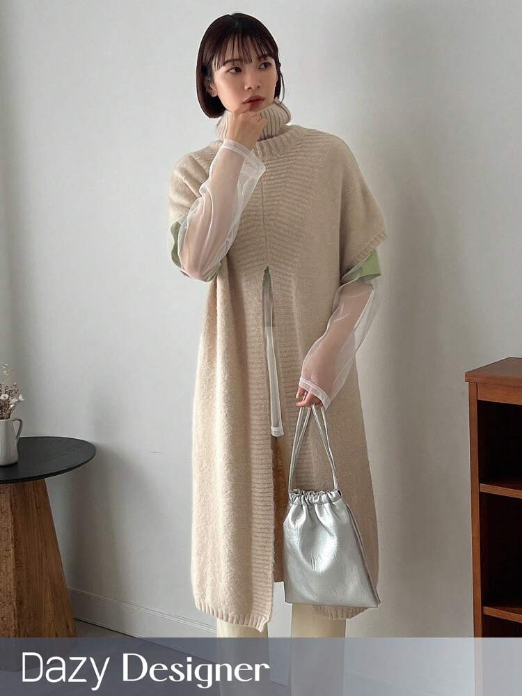 1pc Women's Turtle Neck Batwing Sleeve Sweater Dress With Slit Hem