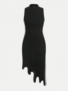 少女针织纯色拼布立领不对称下摆连衣裙