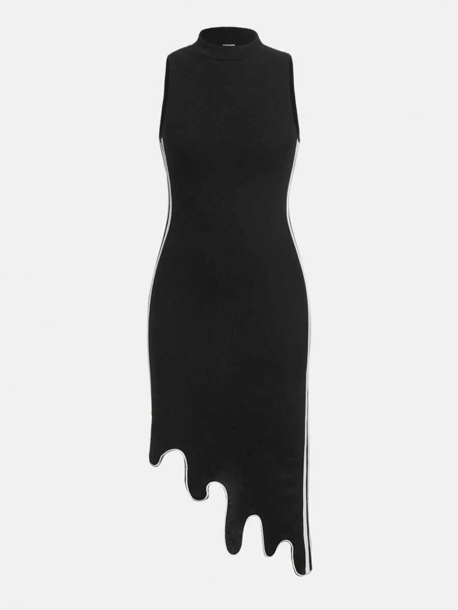 少女针织纯色拼布立领不对称下摆连衣裙