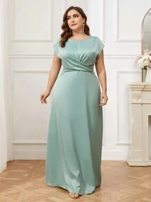 SHEIN Belle 女士大尺寸伴娘裙,蝙蝠袖,交叉腰,蝴蝶結和優雅設計 - 薄荷綠 - 查看 8