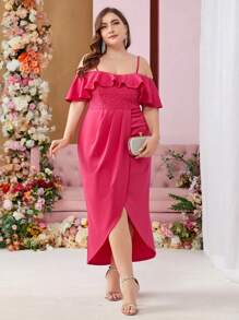 SHEIN Belle 大尺碼女士優雅露肩蕾絲拼接不規則下擺洋裝,襯托荷葉邊領口 - 玫紅色 - 查看 7