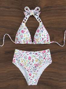 SHEIN Swim 隨機花卉印花打結背部比基尼套裝,嘉年華會 - 彩色 - 查看 8