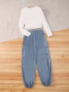 SHEIN 少女肖像印花百褶t卹和貨物長褲休閒2入組 - 霧霾藍 - 查看 2