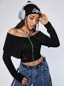 SHEIN EZwear Distressed Off Shoulder Zipper Front Cardigan - Black - View 3