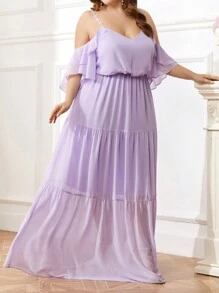 SHEIN Belle Kích thước lớn Của phụ nữ Váy phù dâu Với Hollow-out Vai , Thêu Dây đeo vai , Rộng Hem Và Bọc - Màu tím hoa cà - Xem 2