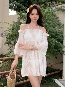 DAZY Đầm che phủ tay dài trễ vai xếp ly cho nữ mùa hè - trắng - Xem 4