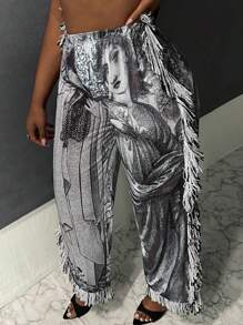 Slaydiva Talla grande Pantalones deportivos con estampado de figura ribete con fleco - Gris - Ver 5