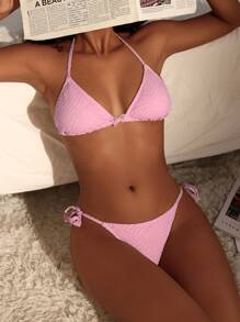 SHEIN Swim 纯色纹理两件套比基尼套装情人节夏日海滩 - 粉色 - 查看 1