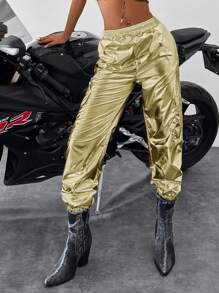 SHEIN Cottnline Women'S Solid Color Metallic Cargo Trousers - Gold - View 1