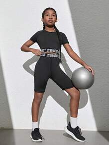 SHEIN Cô gái Tween Dệt kim In thư Áo thun Và Quần short Thể thao Hai Bộ - màu đen - Xem 3