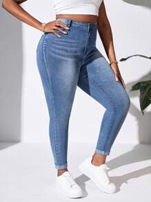 SHEIN EZwear Kích thước lớn Giải trí Eo cao Quần jean ôm - Rửa trung bình - Xem 6