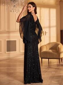 UNITHORSE 女士雪纺长袖亮片连衣裙派对礼服婚礼宾客礼服正式礼服晚礼服、新娘礼服、生日服装、毕业礼服、长袍 - 黑色 - 查看 2