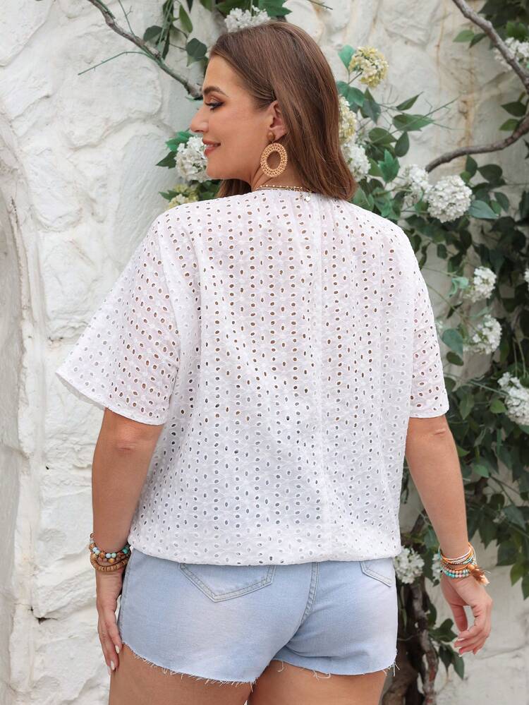 Plus Size Solid Color Hollow Out Embroidered Wrap White Summer Shirt For Vacation