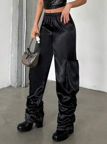 EURMUSE Women'S High Waisted Stacked Pants With Big Side Pockets - Black - View 1