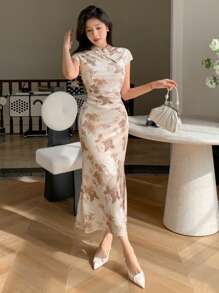 DAZY Mới Phong cách Trung Quốc Hoa Giường đôi Váy chữ A - Màu be - Xem 4