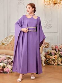 SHEIN 青少女繡花鑲嵌蝙蝠袖領帶裙,編織細節設計 - 紫色 - 查看 3