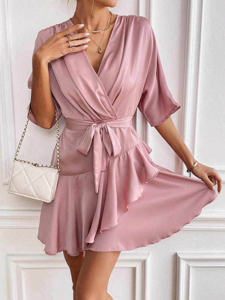 Wrap Neckline Belted Dress