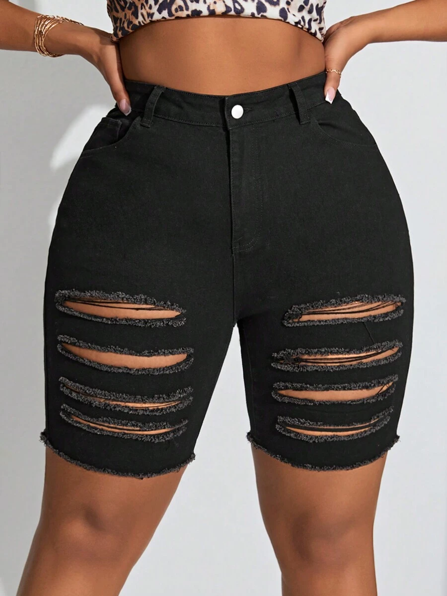 SHEIN SXY Plus Size Women'S Stretchy Denim Distressed Sexy Shorts, Slim Fit