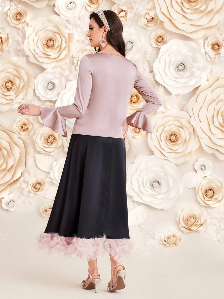 Women'S Asymmetrical Neckline Flare Sleeve Top And Hem Patchwork Skirt Set,Elegant Evening Party Dress 2 Piece Set