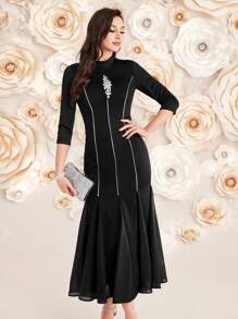 Modelyn Women's Stand Collar Ruffled Hem Dress Long Evening Dresses - Black - View 3