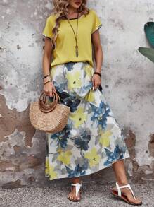 EMERY ROSE 女性夏日對比邊飾上衣及花卉印花裙子套裝 - 黃色 - 查看 5