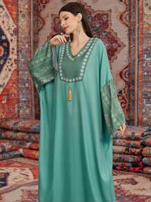 Al Najma Vestido Para Mujeres Con Mangas De Murciélago Y Retales Florales - Verde - Ver 4