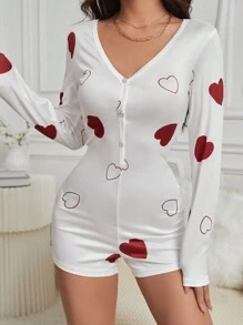 女款纖薄心形印花睡衣連體褲 - 紅白色 - 查看 7